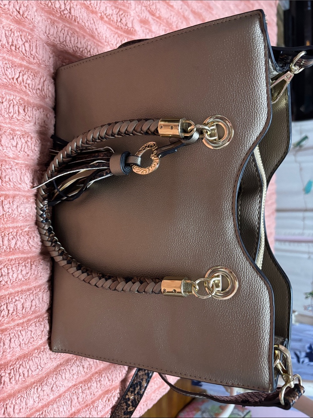 Imoshion Taupe Braided-Handle Tote with Tassel and Gold Accents